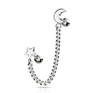 Double cartilage ear piercing with moon and star chain in silver
