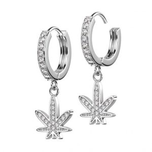 Platinum-plated cannabis leaf rhinestone hoop earrings