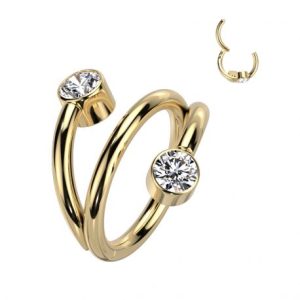 G23 Titanium Double Line Gold Plated Rhinestone Segment Ear Piercing Ring
