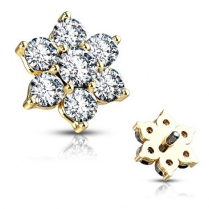 Gold plated flower microdermal piercing with 7 zircon