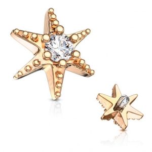 Gold plated Rose decorated star microdermal piercing with rhinestones