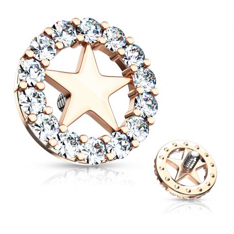 Gold plated Rose star microdermal piercing with white rhinestones