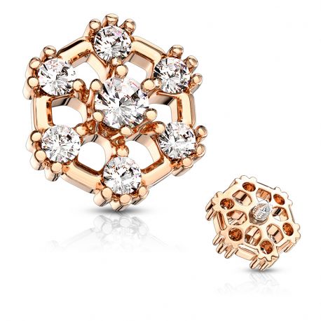 Gold plated Rose hexagon microdermal piercing with seven rhinestones