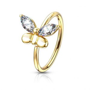 Gold butterfly nose ring with pink rhinestone