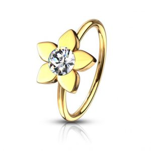 Foldable nose ring with white rhinestone flower and golden hue