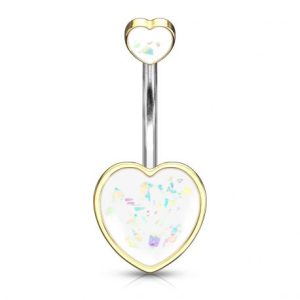 Golden opalescent heart-shaped belly button piercing with white stone