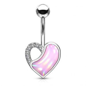 Pink luminescent stone heart belly button piercing