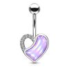 Violet luminescent stone heart belly button piercing with multicolor aurora borealis