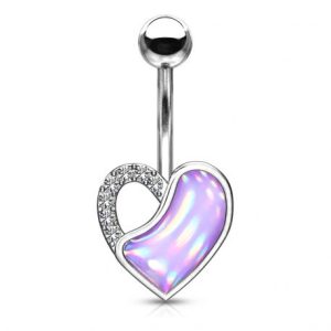 Violet luminescent stone heart belly button piercing with multicolor aurora borealis