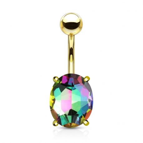Gold Oval Multicolored Crystal Belly Button Piercing
