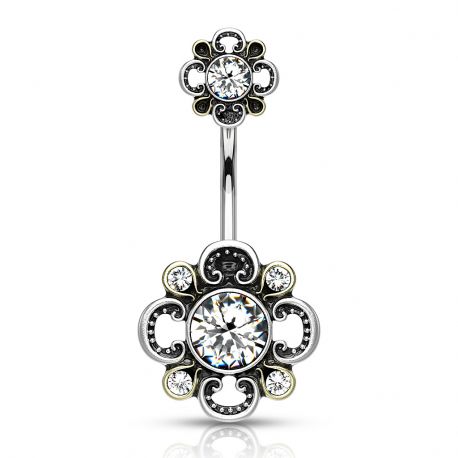 Double Filigree White Flower Belly Button Ring