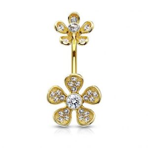 Gold Plated Micro Paved Double Flower Belly Button Piercing