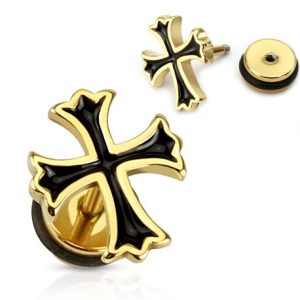 Black cross with gold faux plug ear piercing