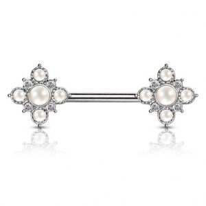 Silver angel floral nipple piercing with crystal pearls