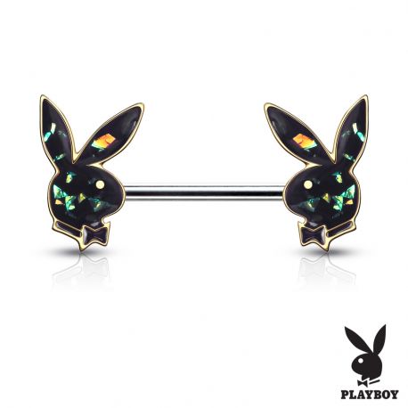 Golden opalescent Playboy bunny nipple piercing