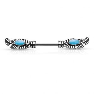 Tribal feather and turquoise nipple piercing