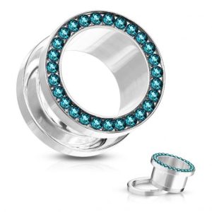 Piercing surgical steel tunnel with turquoise rhinestone line