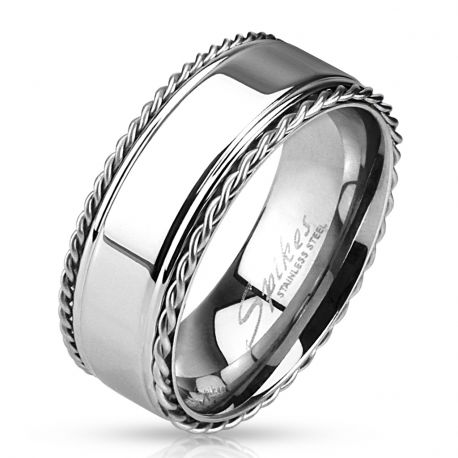 Men's steel ring with shiny braided chains