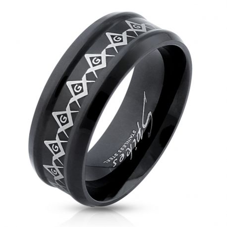 Men's black steel ring with Masonic symbol