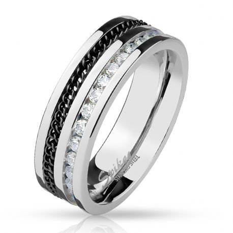 Men's eternity ring with black chain and rhinestones
