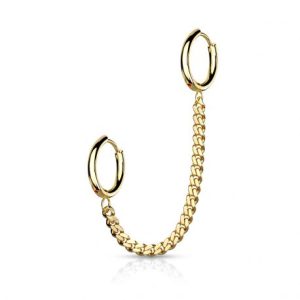 Double Cartilage Ear Piercing with Round Rings Chain in Gold