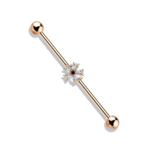 Industrial ear piercing with black zircon flower and gold plating rose