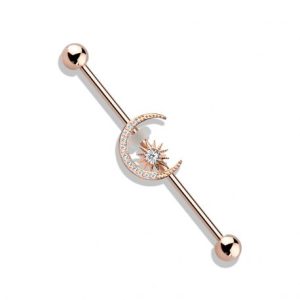 Rose Gold Plated Paved and Star Crescent Moon Industrial Ear Piercing