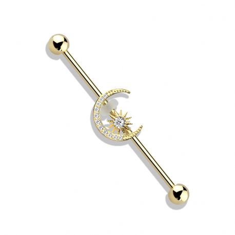 Gold Plated Paved and Star Crescent Moon Industrial Ear Piercing