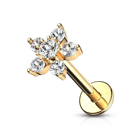 Gold plated flower barbell earlobe piercing with 6 strass