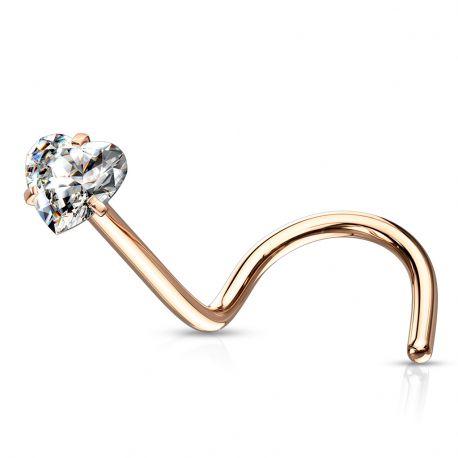 Rose Gold Nose Piercing with White Heart-Shaped Zirconia and Corkscrew Stem