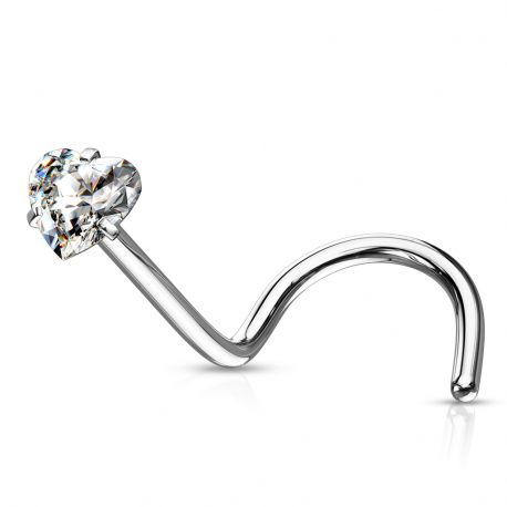 White Heart-Shaped Zirconia Nose Piercing with Corkscrew Stem