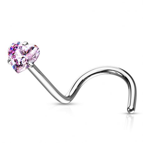 Pink Heart-Shaped Zirconia Nose Piercing with Corkscrew Stem