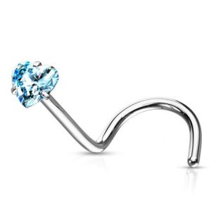 Turquoise Heart-Shaped Zirconia Nose Piercing with Corkscrew Stem