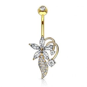 Belly button piercing with flower bouquet and gold-plated zirconium