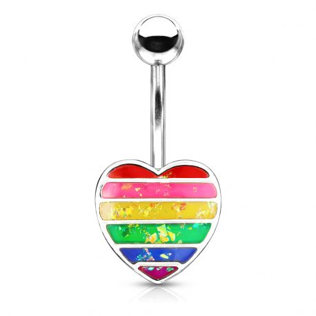 Rose silver opal rainbow heart belly button piercing