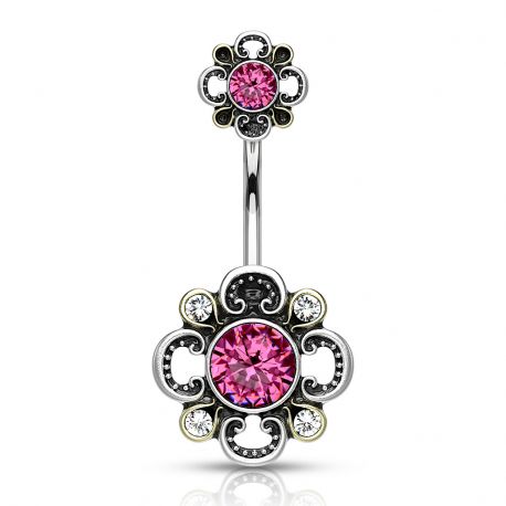 Double Filigree Pink Flower Belly Button Piercing
