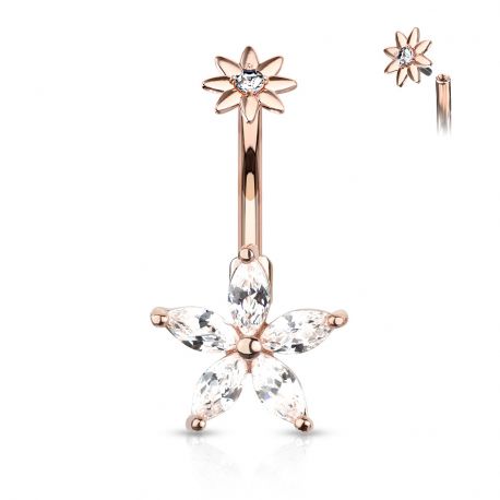 Belly button piercing with gold-plated marquise zirconium star and rose