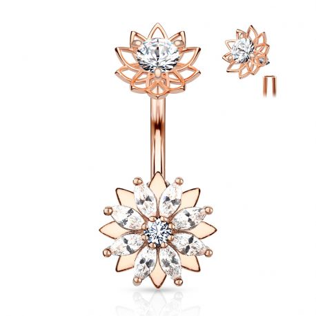 Belly button piercing with gold-plated marquise zirconium flower and rose