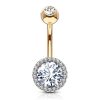Large zirconium with rhinestones gold-plated rose belly button piercing