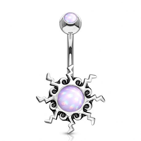 Tribal sun belly button piercing with purple luminous stone